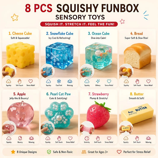 Mystery Squishy Box | 8 PCS | Ultimate Dumpling Malt Sugar Stress Relief Sensory Bundle