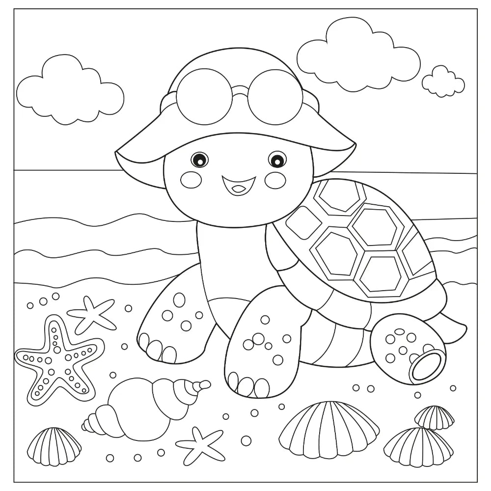 Coloring page of a turtle with sunglasses on a beach.