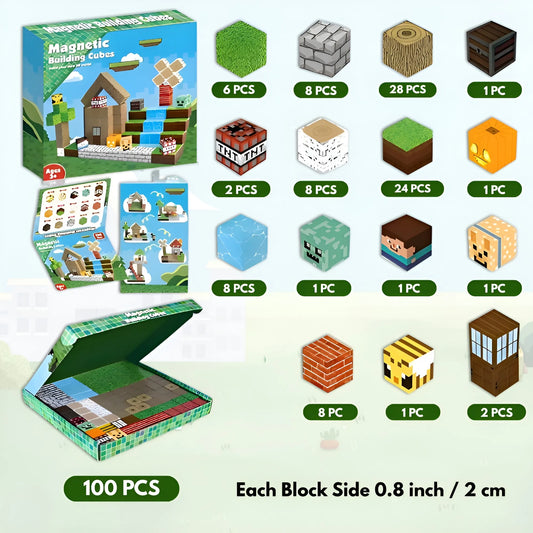 Magnetic building cubes set with packaging and block illustrations on a white background
