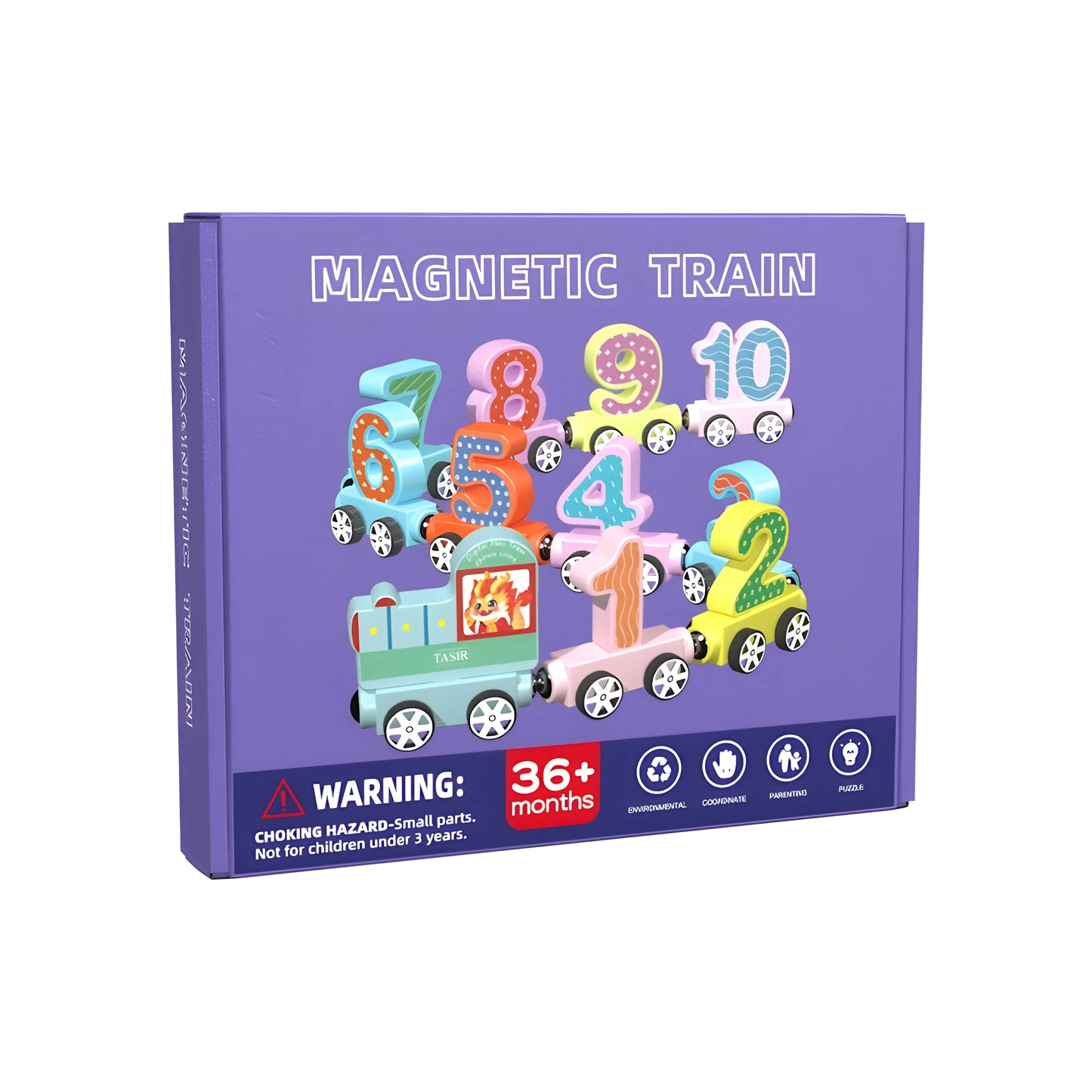 Box of a magnetic train toy with colorful numbers on a purple background
