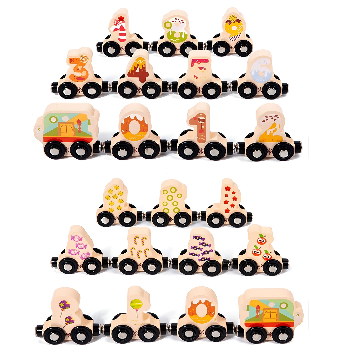 Set of magnetic wooden toy trains with numbers and characters on a white background