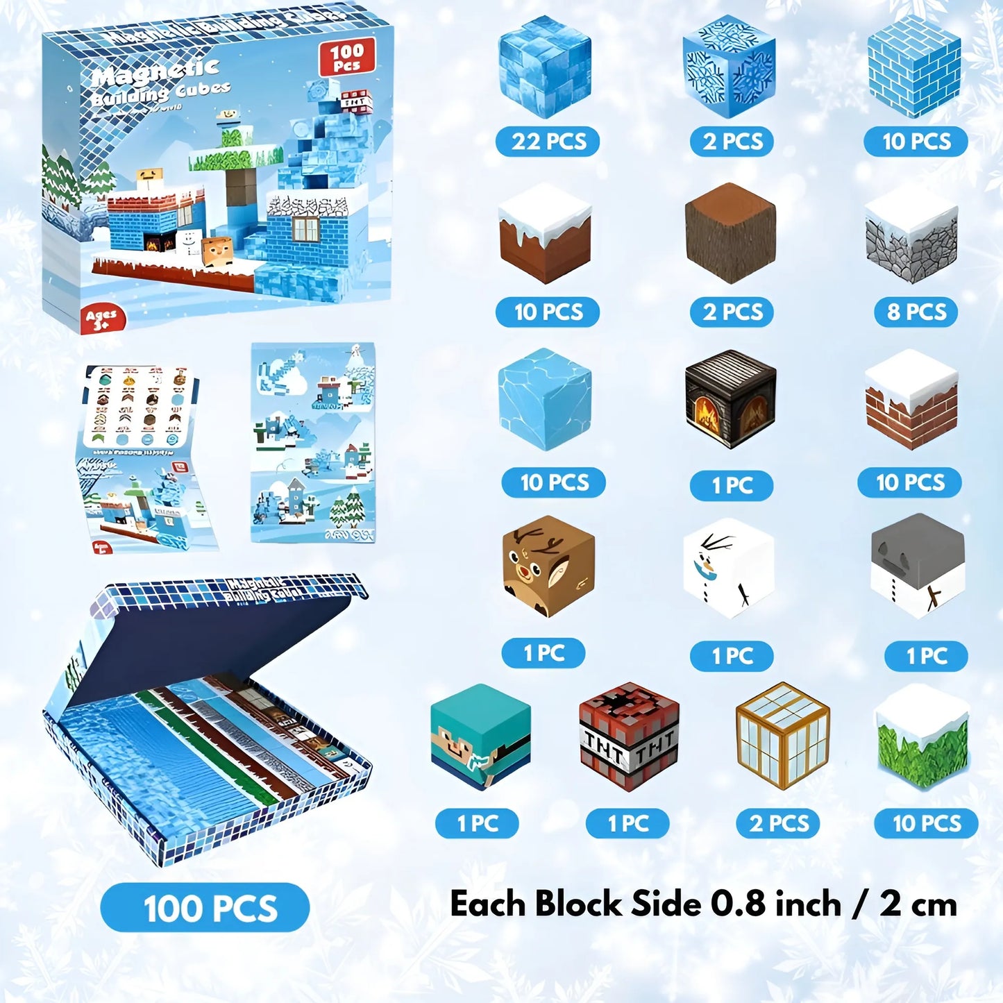 Magnetic building cubes set with packaging and component illustrations on a light blue background