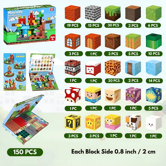 Magnetic building block set with packaging and various blocks displayed on a white background