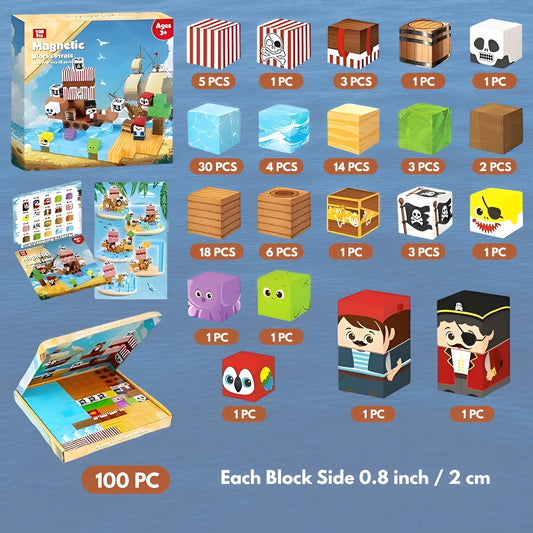 Pirate-themed building block set packaging with illustrations of blocks and accessories on a blue background.