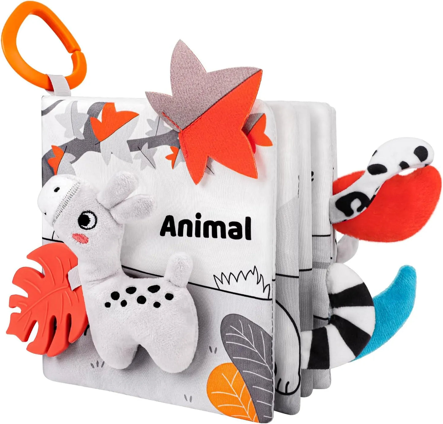 Children's soft book with animal illustrations and a carabiner on a white background