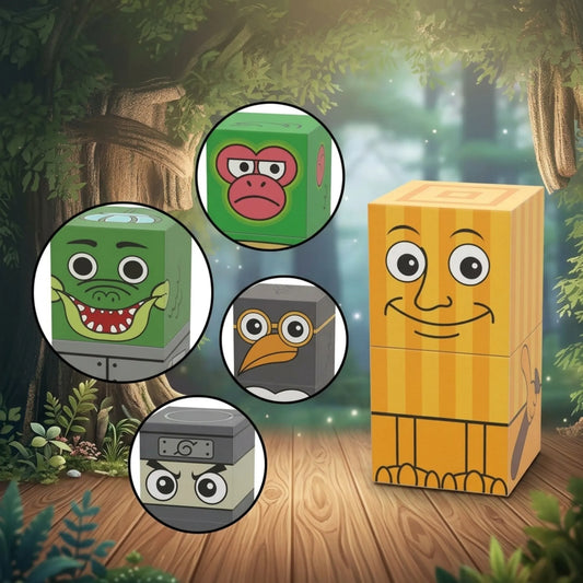 Wooden blocks with italian brainrot figures on a forest floor background