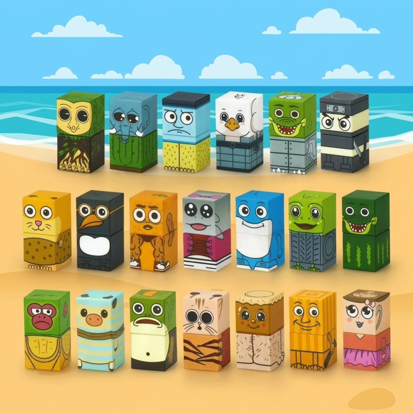 Set of colorful italian brainrot magnetic blocks on a beach background