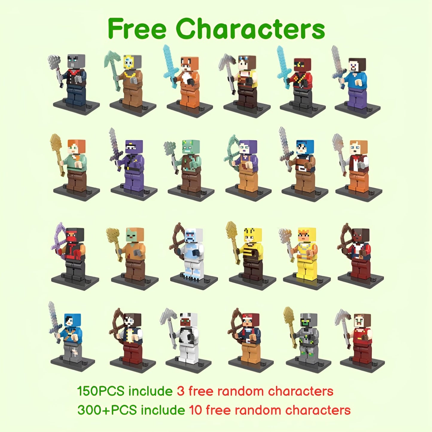 Collection of various Minecraft figures with different poses and colors on a light green background.