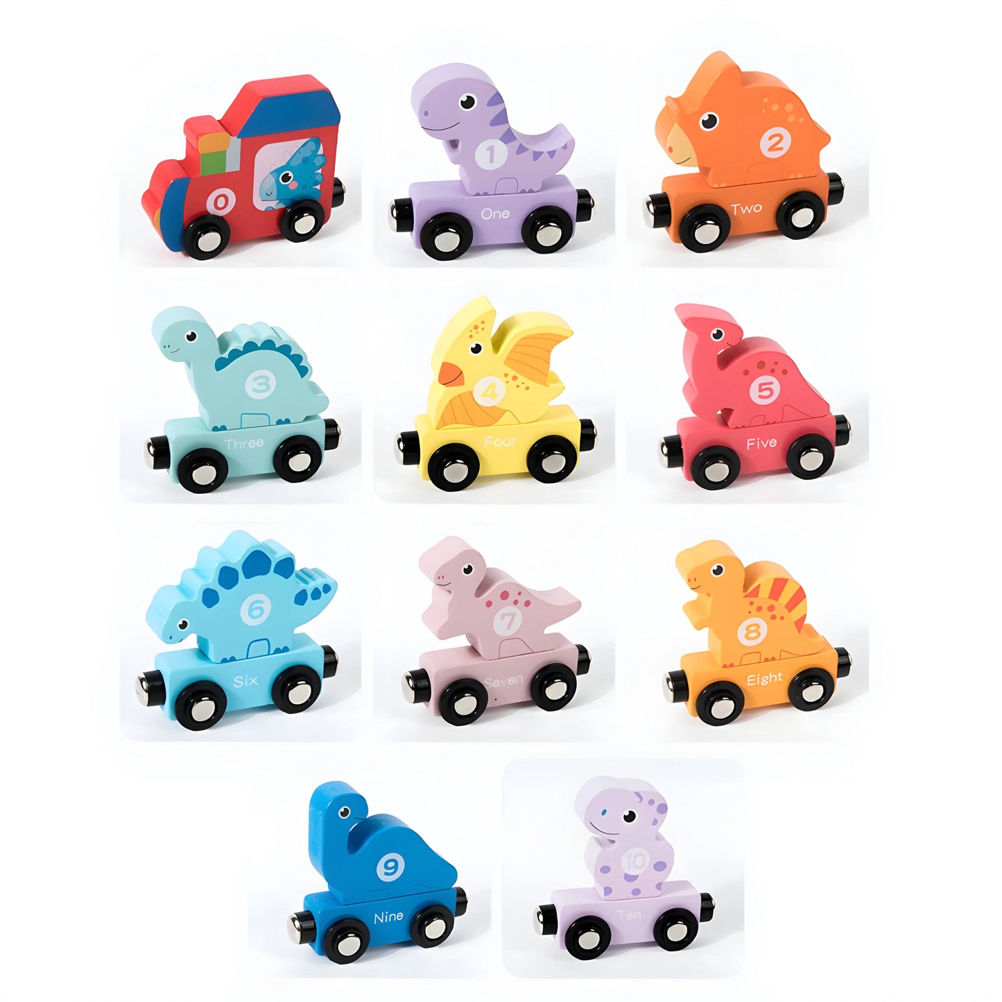 Set of magnetic toy cars shaped like dinosaurs on a white background