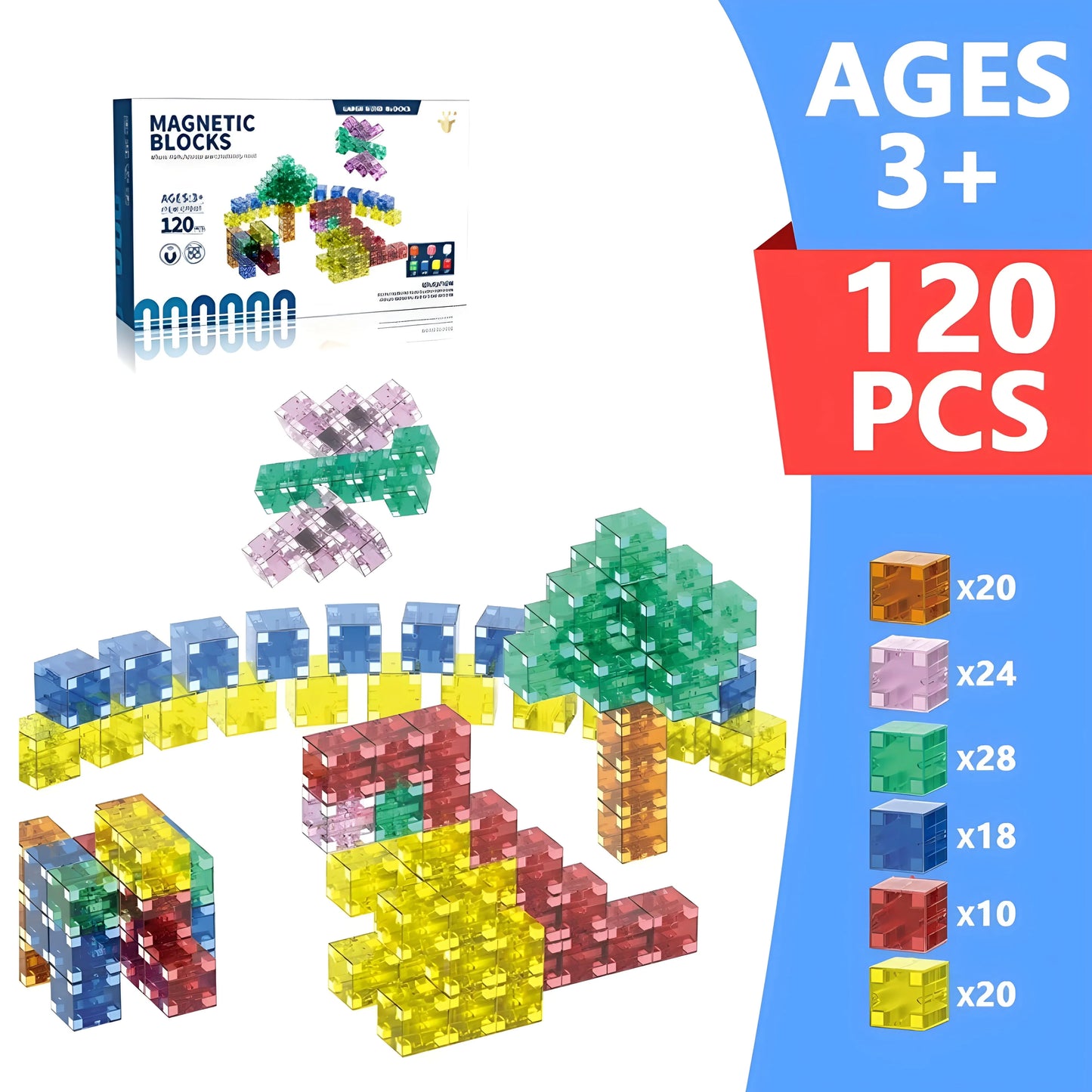 Set of colorful magnetic blocks 120 pieces with packaging and block count details on a white background
