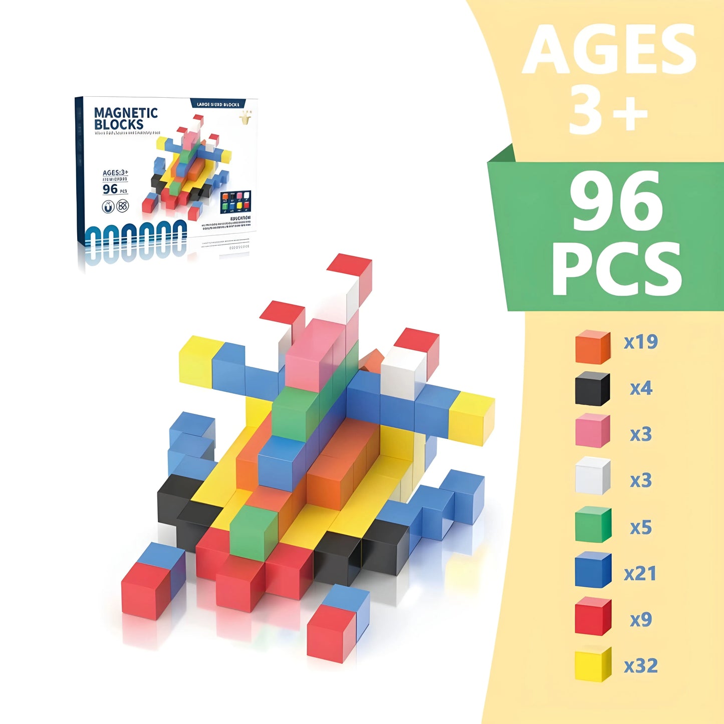 Colorful magnetic blocks 96 pieces with packaging and age recommendation on a white background