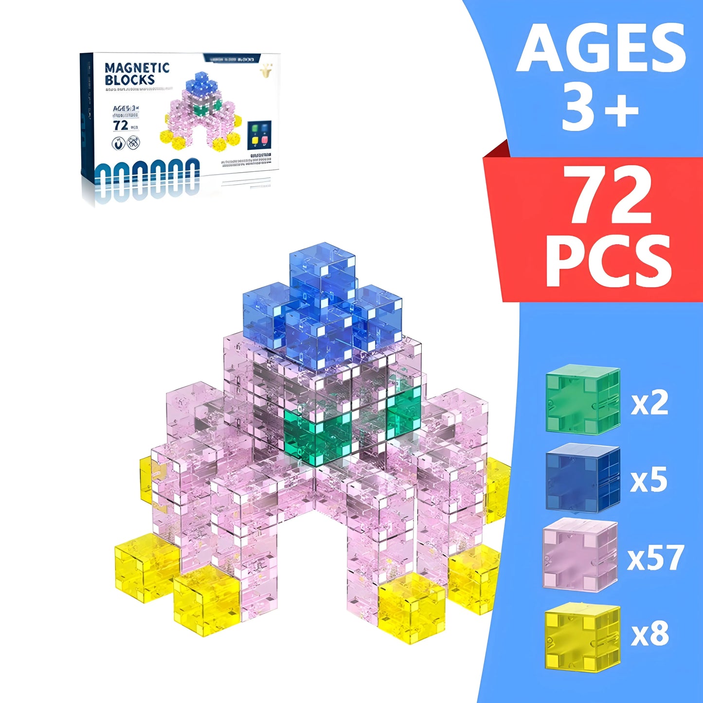 Magnetic blocks 72 pieces with building structure and packaging on a white background