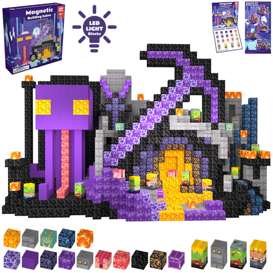 Magnetic building blocks set with LED lights, including a castle-like structure and various colored blocks.