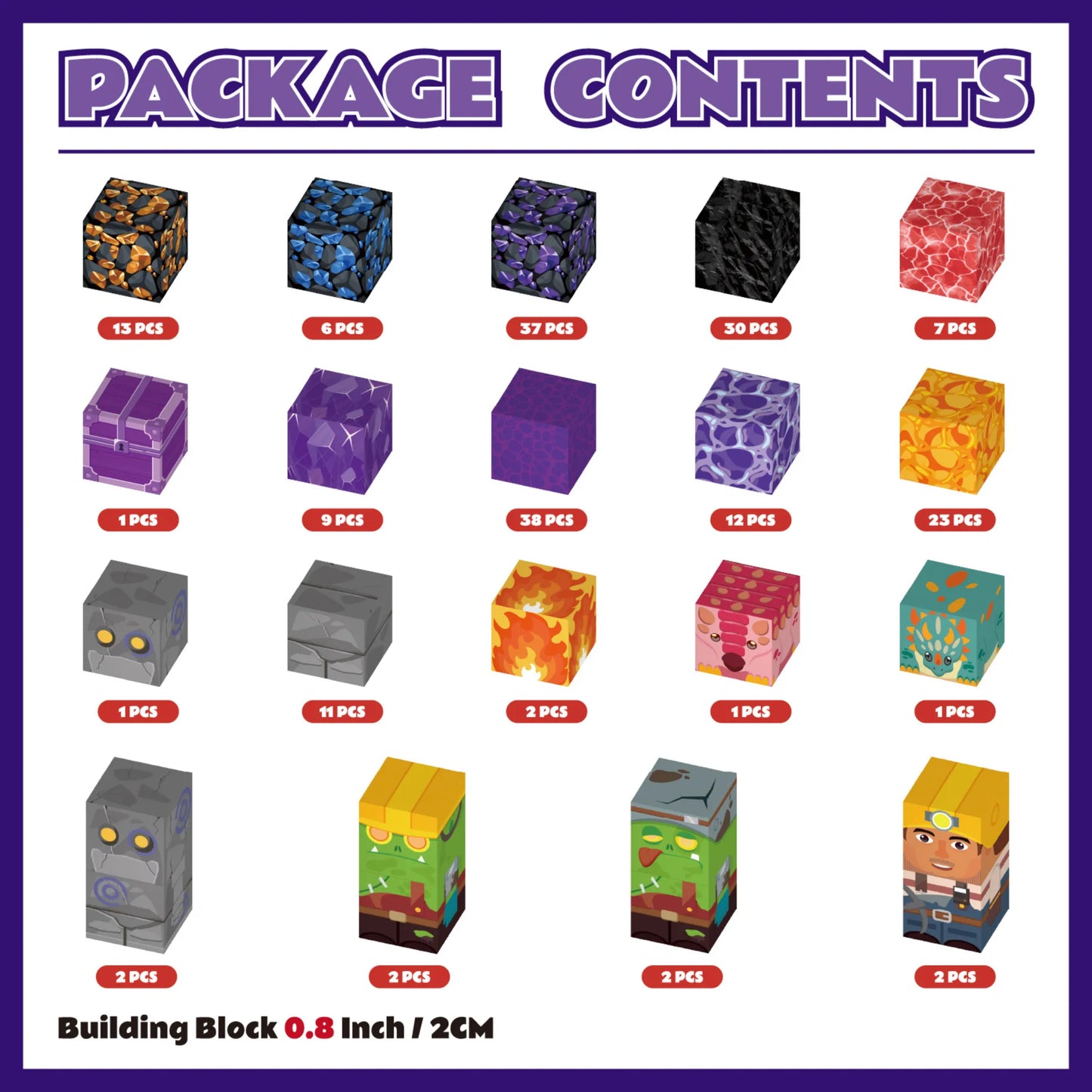 Package contents chart for building blocks with various block designs and quantities.