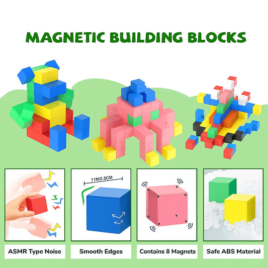 Colorful magnetic building blocks with text highlighting features on a green background