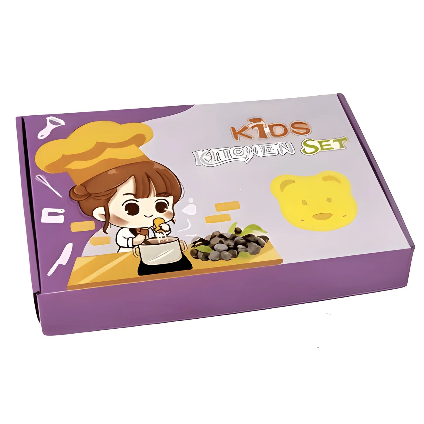 The Onenazo Montessori Kitchen Tools (17 Pieces) comes in a purple box featuring a cartoon child chef and includes child-safe utensils with a yellow bear face on the lid.