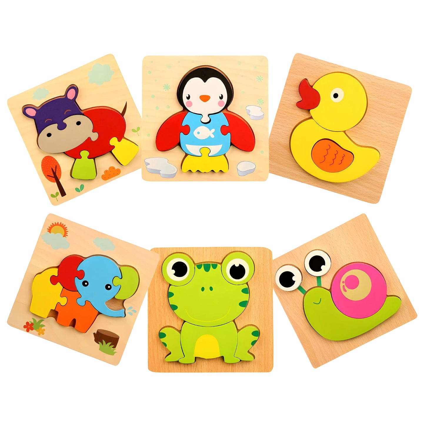 Set of wooden animal puzzles for children on a white background