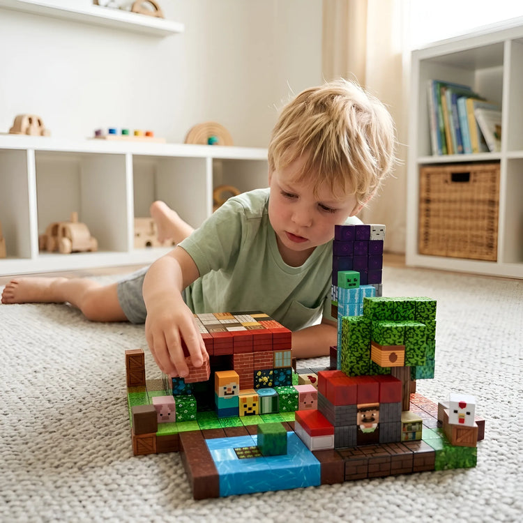 Child playing with a Minecraft-themed toy set on the floor.