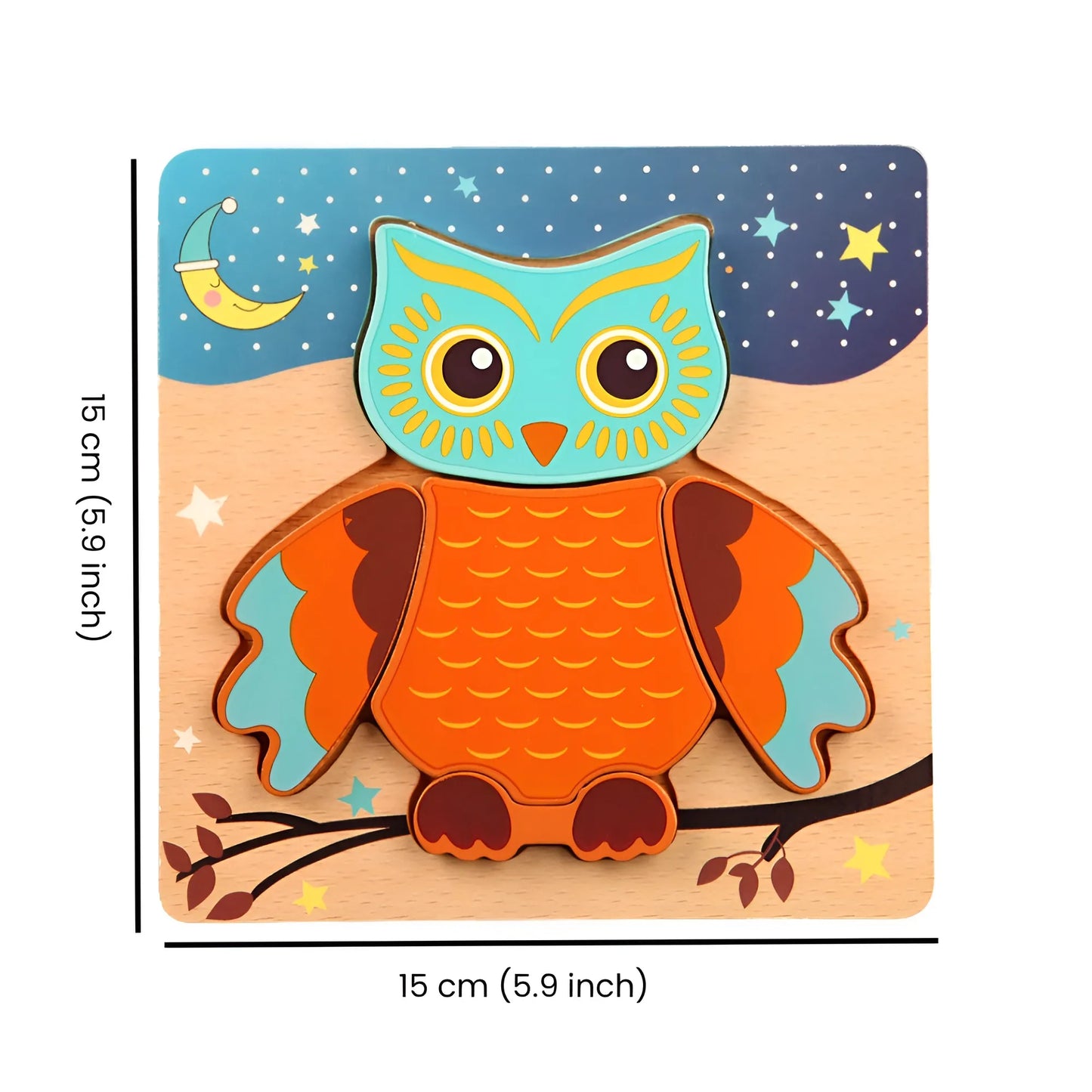 Montessori Animal Wooden Puzzles 6 Pack featuring a brightly colored owl puzzle piece on a wooden board with a night sky background, part of Onenazo Montessori Wooden Toys collections.