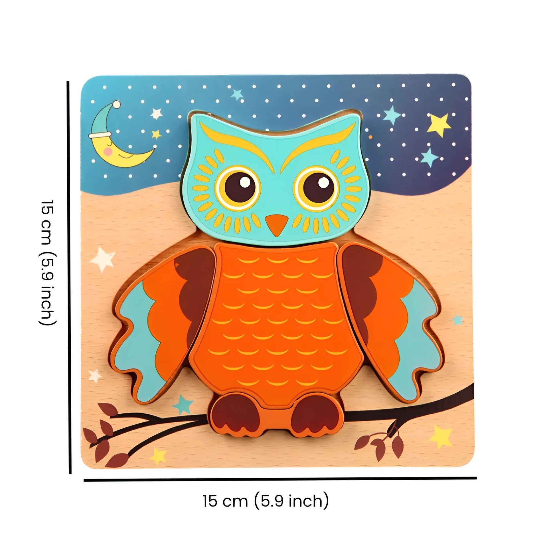 Montessori Animal Wooden Puzzles 6 Pack featuring a brightly colored owl puzzle piece on a wooden board with a night sky background, part of Onenazo Montessori Wooden Toys collections.