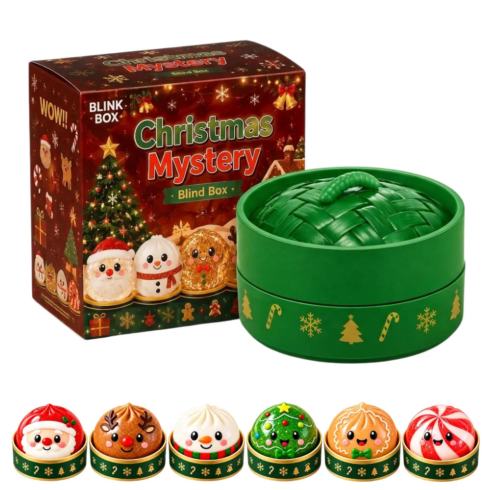 Blink Box Christmas Mystery Blind Box with green woven tin. Displays six glitter dumpling squishy toys: Santa, reindeer, snowman, Christmas tree, gingerbread, and peppermint. Festive holiday collectibles.