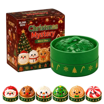 Blink Box Christmas Mystery Blind Box with green woven tin. Displays six glitter dumpling squishy toys: Santa, reindeer, snowman, Christmas tree, gingerbread, and peppermint. Festive holiday collectibles.