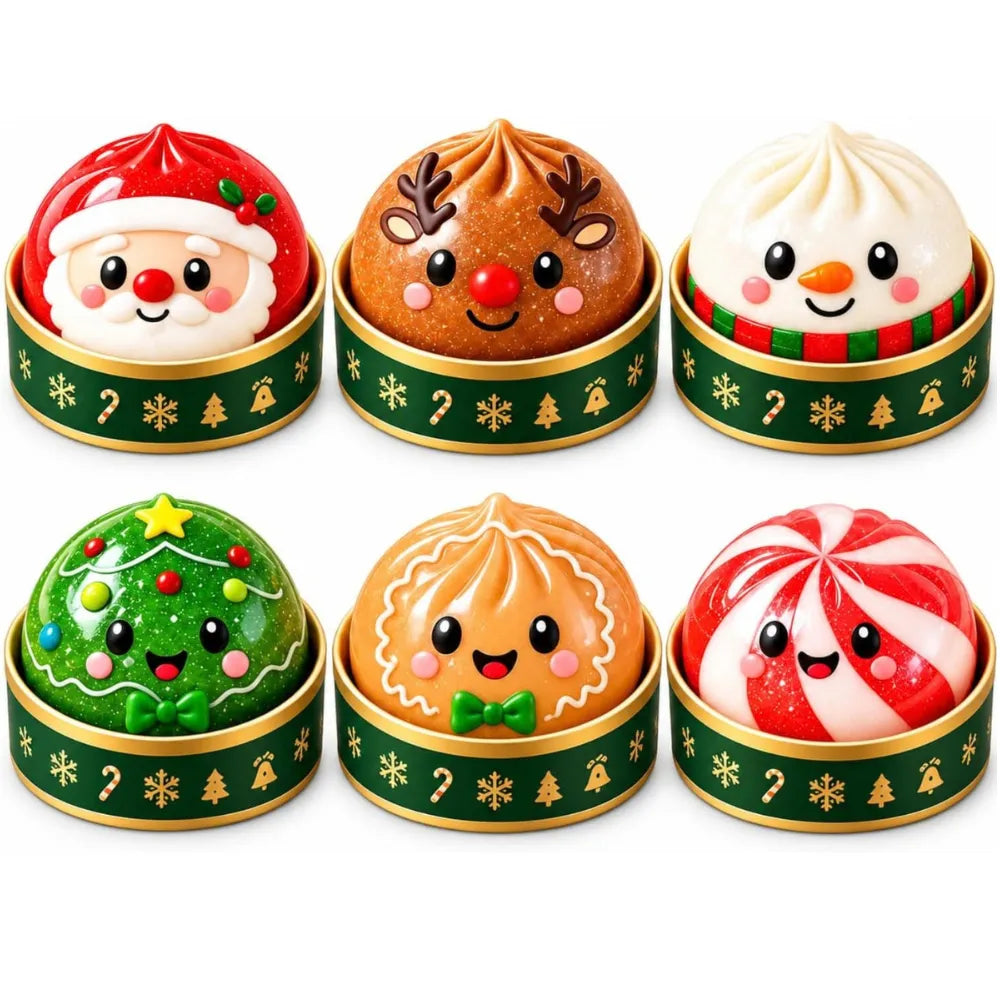 Set of six Christmas mystery glitter dumpling squishies featuring Santa, reindeer, snowman, Christmas tree, gingerbread, and peppermint candy designs with kawaii faces.