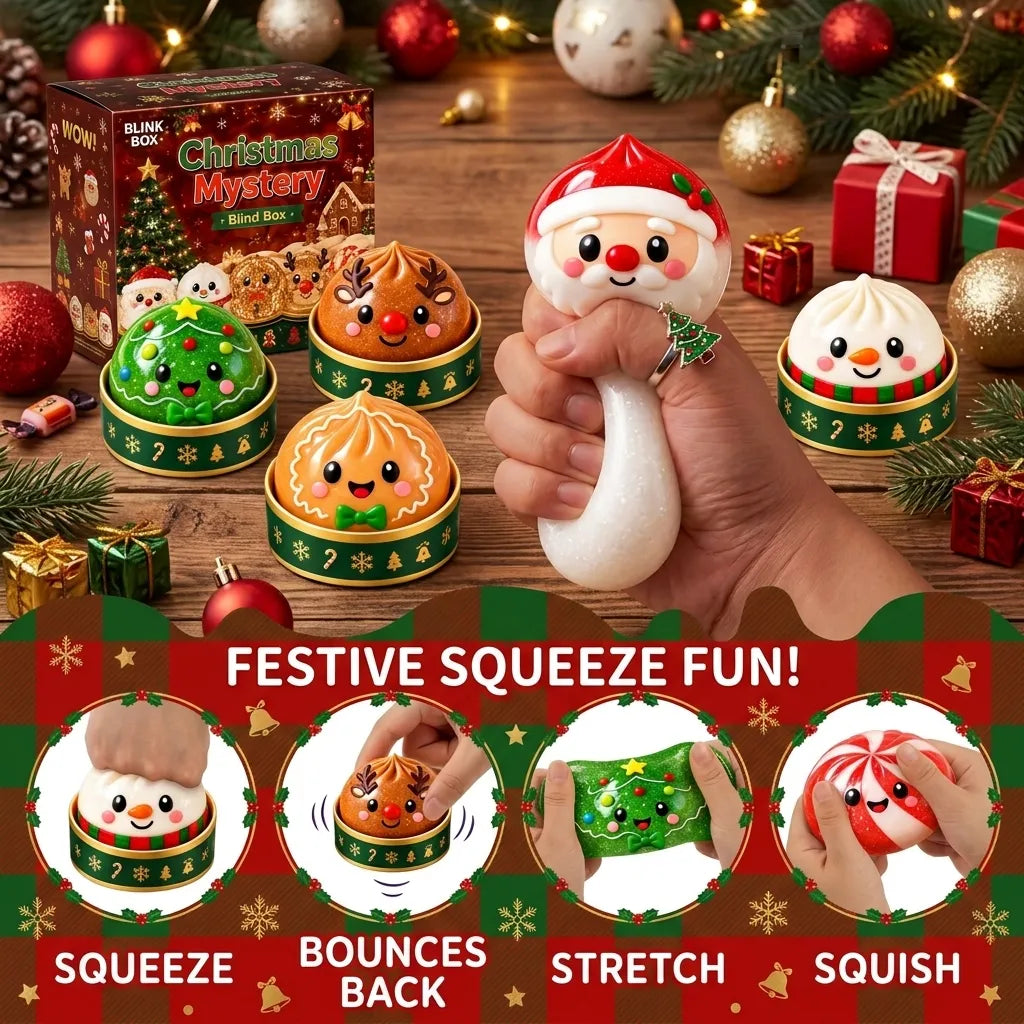 A hand squeezes a Santa Claus glitter dumpling blind box squishy. Other festive designs like a Christmas tree, reindeer, and snowman sit in decorative tins nearby on a wooden table.