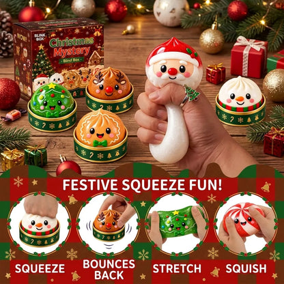 A hand squeezes a Santa Claus glitter dumpling blind box squishy. Other festive designs like a Christmas tree, reindeer, and snowman sit in decorative tins nearby on a wooden table.