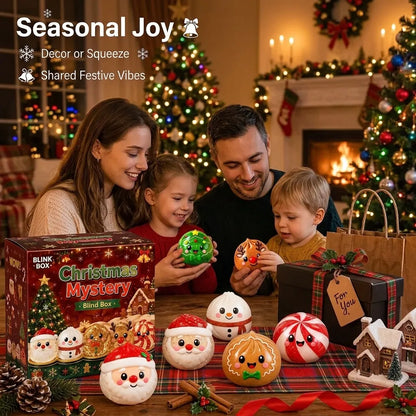 Blink Box Christmas Mystery Glitter Dumpling Squishy blind box. Includes Santa, snowman, gingerbread, reindeer, peppermint, and tree. Family enjoying festive toys on a plaid table near a Christmas tree.