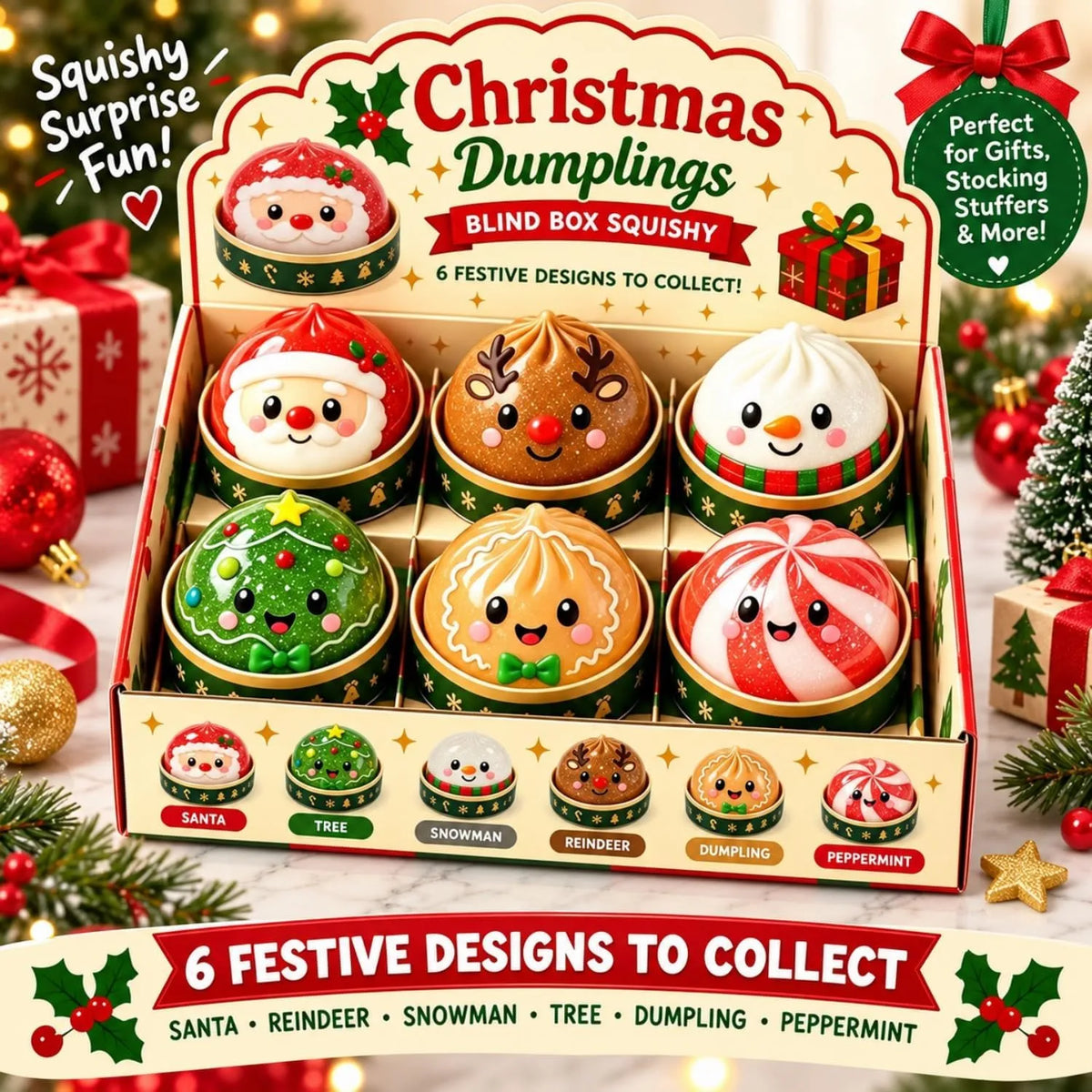Display box of Christmas Dumplings Blind Box Squishy featuring six festive glitter designs: Santa, reindeer, snowman, Christmas tree, dumpling, and peppermint swirl holiday toys.