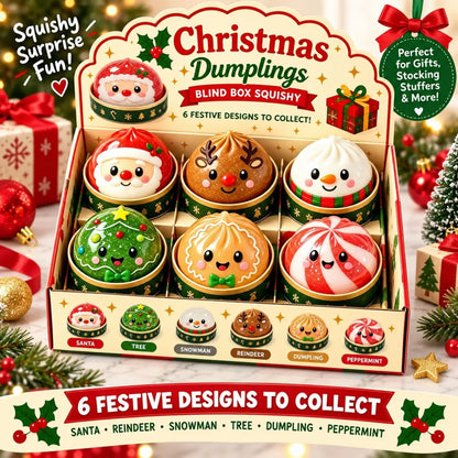 Display box of Christmas Dumplings Blind Box Squishy featuring six festive glitter designs: Santa, reindeer, snowman, Christmas tree, dumpling, and peppermint swirl holiday toys.