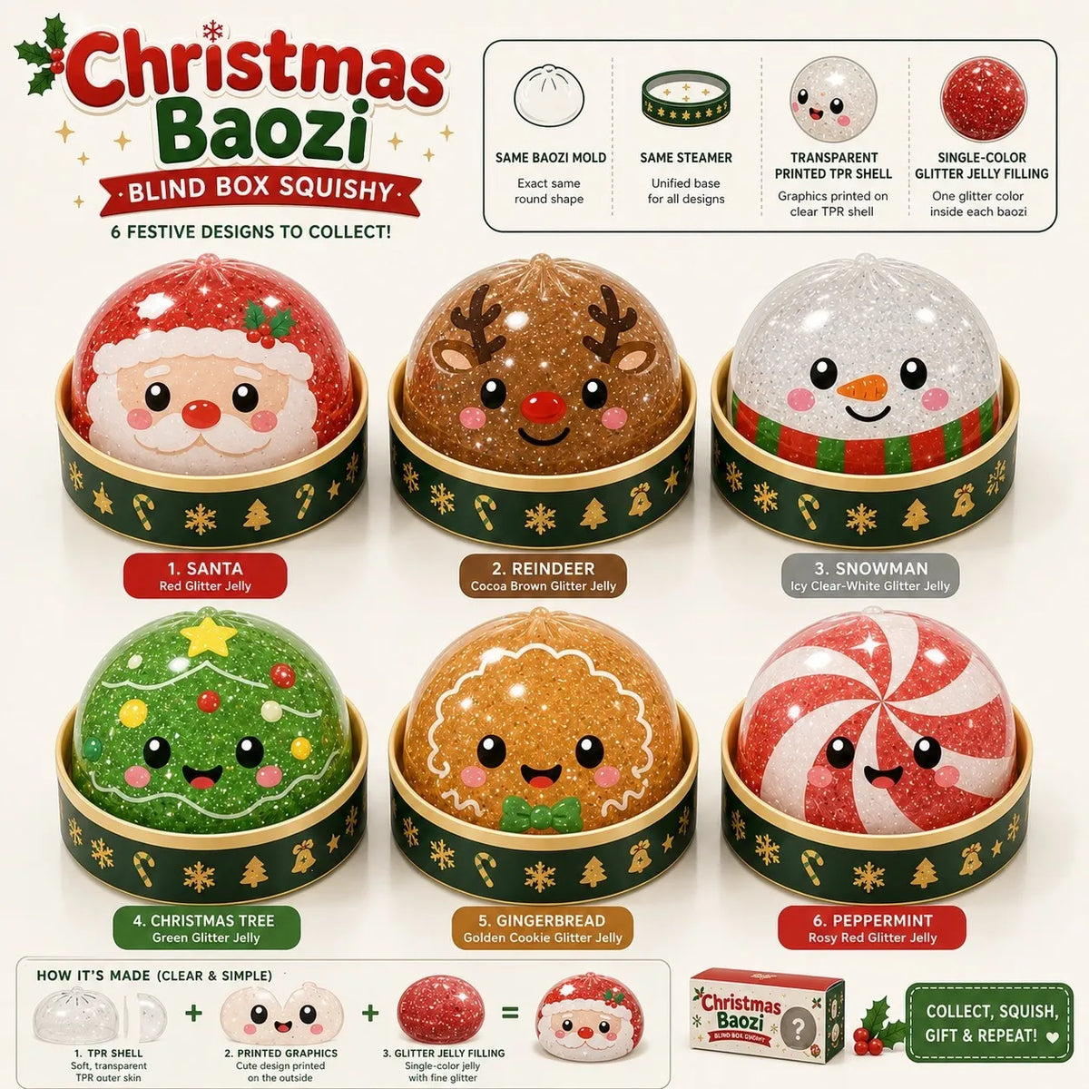 Christmas Mystery Glitter Dumpling Squishy blind box set featuring six festive designs: Santa, Reindeer, Snowman, Christmas Tree, Gingerbread, and Peppermint buns with translucent TPR shells filled with sparkling glitter jelly.