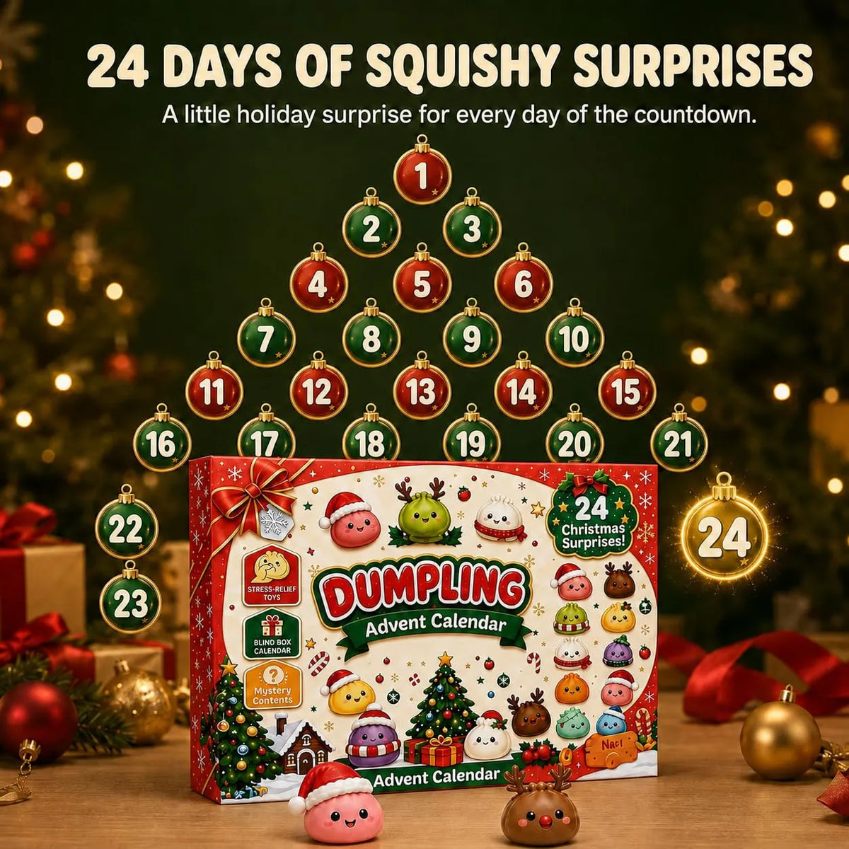 Christmas Dumpling Squishy Advent Calendar 2026 | Fidget Christmas Countdown Calendar | 24 Days of Surprises Squishy Toys Box | Xmas Toys for Sock Stuffing Christmas Gift