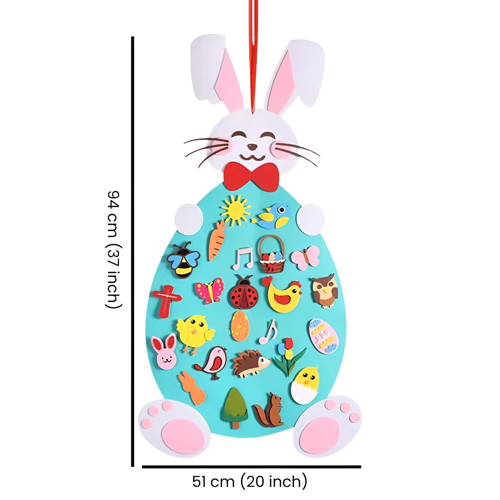 Colorful Easter-themed hanging board with a rabbit design and various stickers, showing dimensions on a white background.