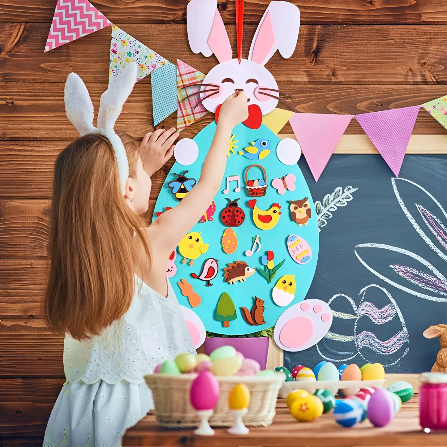 Child wearing bunny ears interacting with a colorful magnetic board in a festive setting.