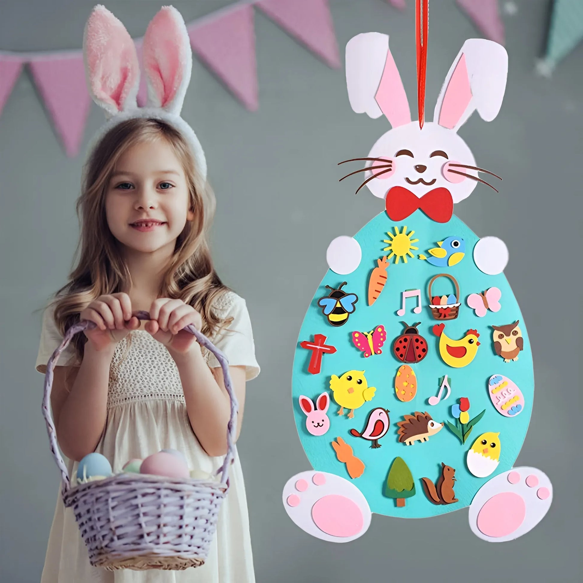 Child wearing bunny ears with a colorful Easter-themed hanging board and basket.