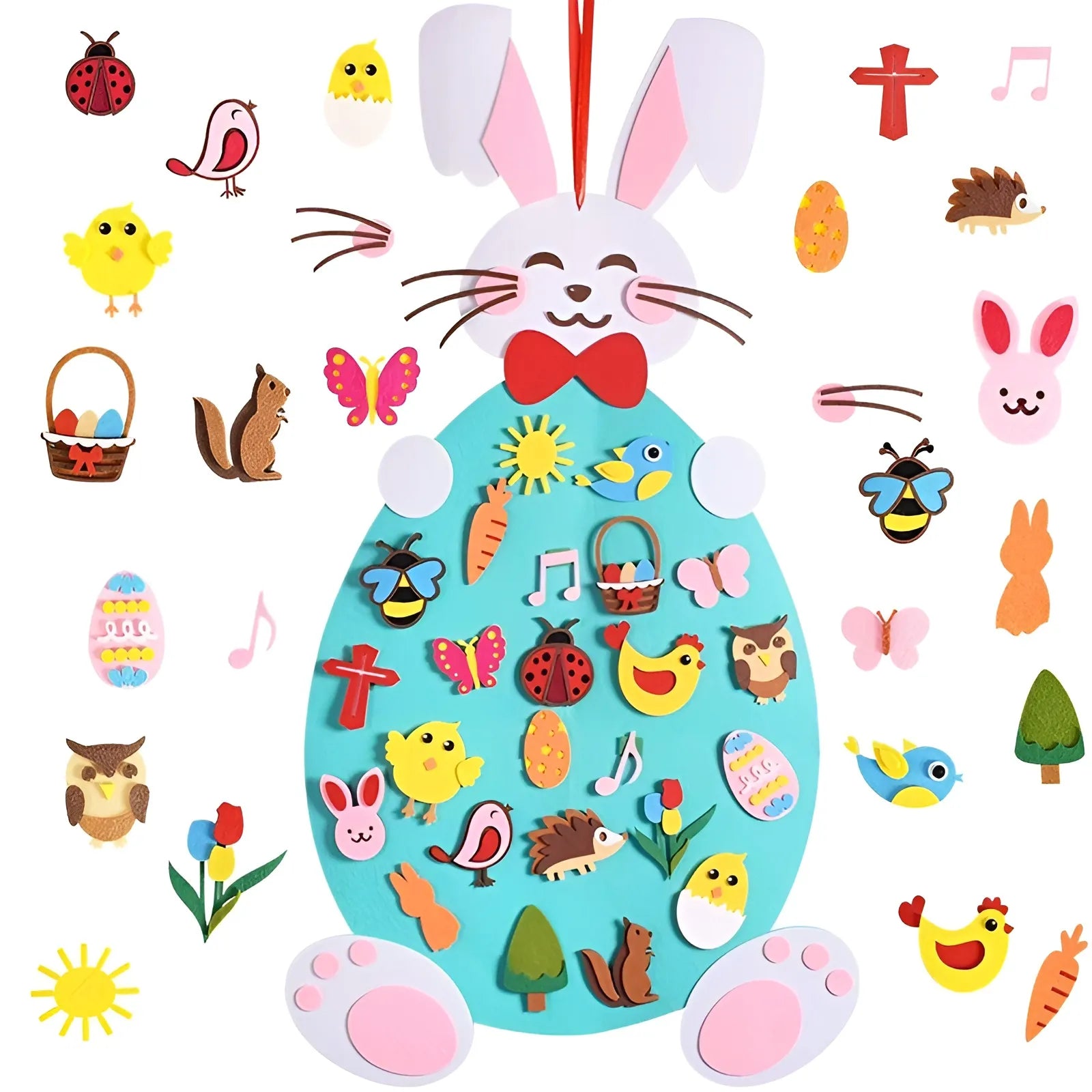 Children's Easter egg craft kit with bunny ears and various small stickers on a white background