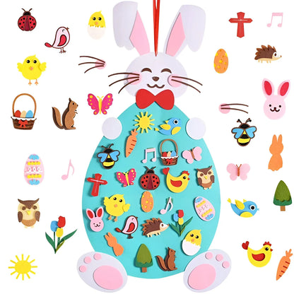 Children's Easter egg craft kit with bunny ears and various small stickers on a white background