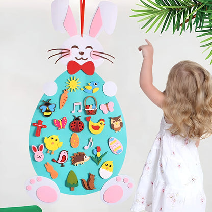 Child interacting with a colorful Easter-themed felt board with various decorations.
