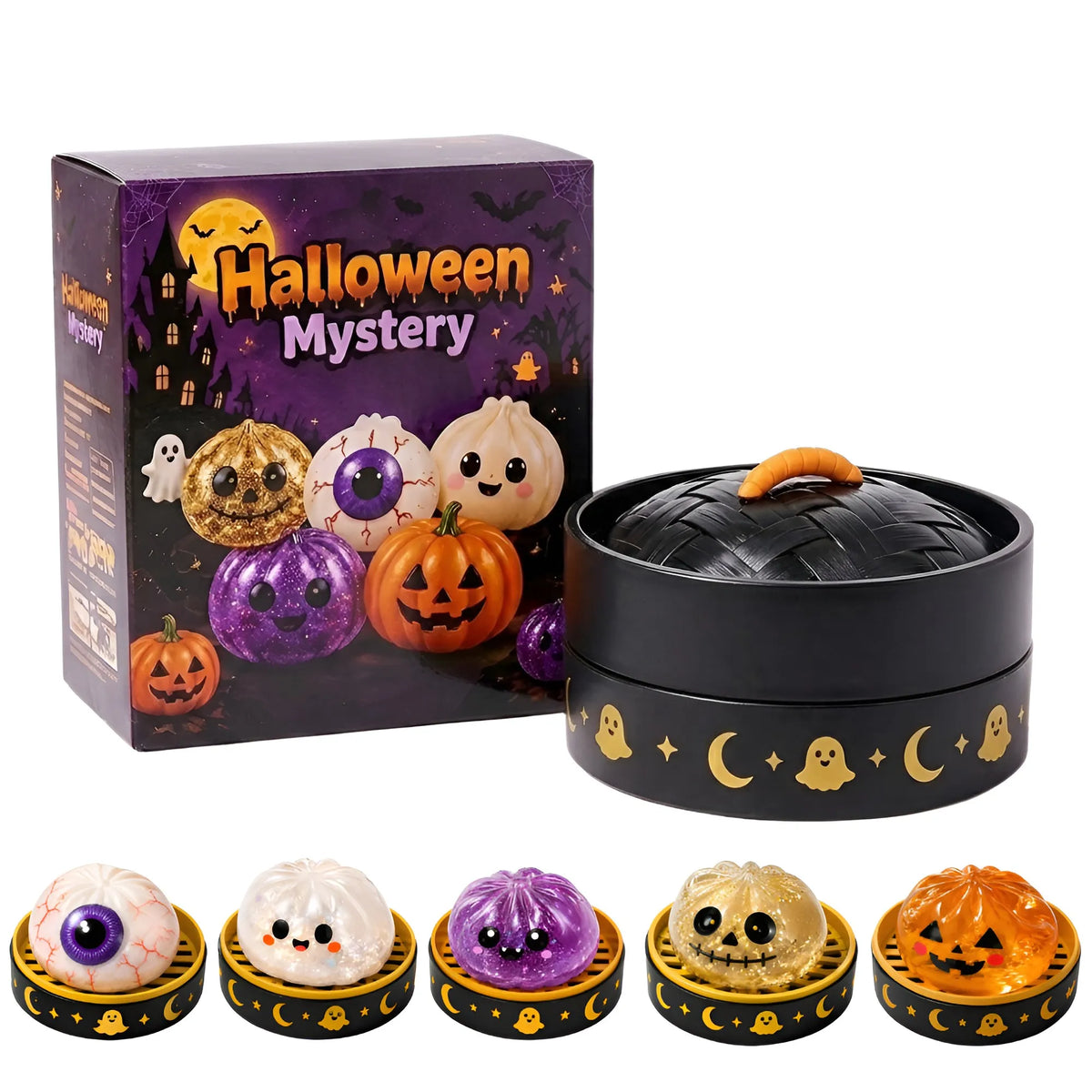 Single box of Halloween mystery glitter dumpling squishies displayed with a black steamer container. The set features five unique spooky designs including a golden skull bun, eyeball, garlic, and orange pumpkin.
