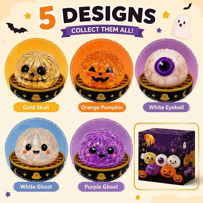 Halloween mystery glitter dumpling squishy blind box set showcasing five collectible designs: gold skull, orange pumpkin, white eyeball, white ghost, and purple ghost.