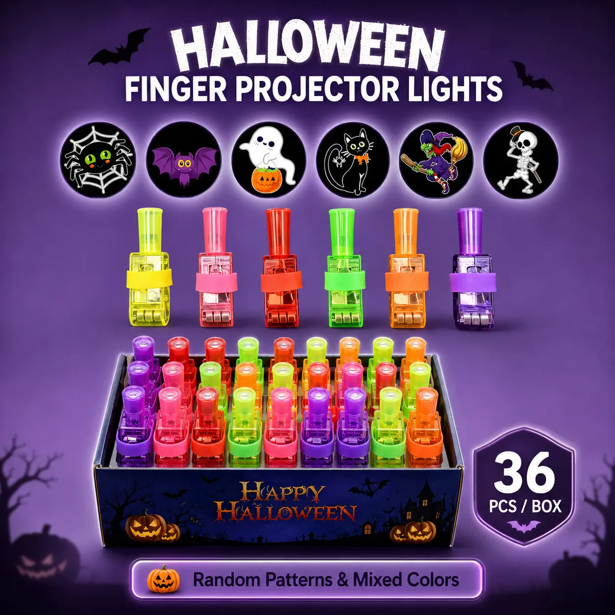 36PCS Halloween Finger Projector Lights | Magic Thumb Light | Colorful LED Finger Lights for Party Fun | Treat Bags Classroom Rewards Indoor Decor