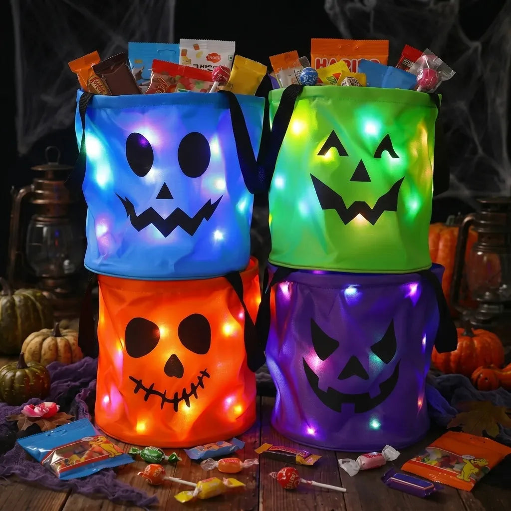LED Halloween Pumpkin Bags Trick Treat | Collapsible for Candy Collection | Reusable Light up Containers | Party Goodie Holders with Jack O Lantern Face Design