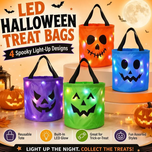 LED Halloween Pumpkin Bags Trick Treat | Collapsible for Candy Collection | Reusable Light up Containers | Party Goodie Holders with Jack O Lantern Face Design