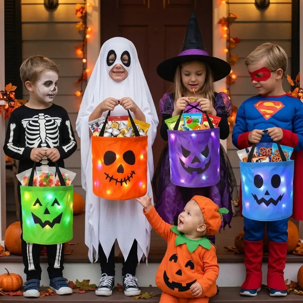 LED Halloween Pumpkin Bags Trick Treat | Collapsible for Candy Collection | Reusable Light up Containers | Party Goodie Holders with Jack O Lantern Face Design