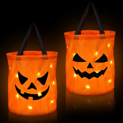 LED Halloween Pumpkin Bags Trick Treat | Collapsible for Candy Collection | Reusable Light up Containers | Party Goodie Holders with Jack O Lantern Face Design