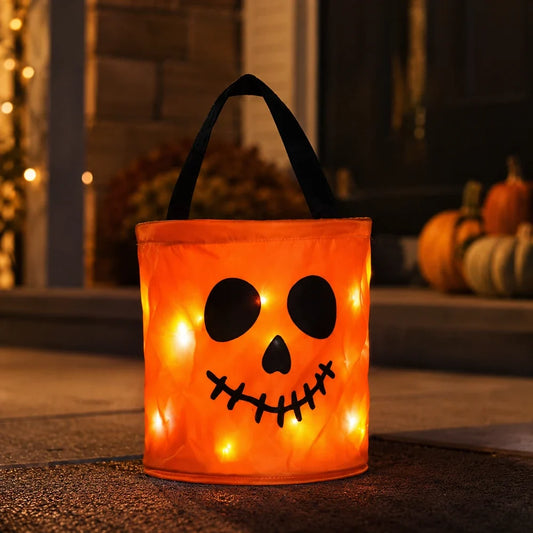 LED Halloween Pumpkin Bags Trick Treat | Collapsible for Candy Collection | Reusable Light up Containers | Party Goodie Holders with Jack O Lantern Face Design