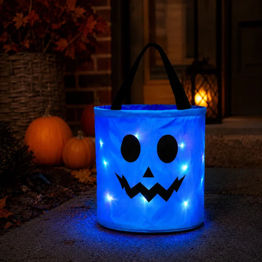 LED Halloween Pumpkin Bags Trick Treat | Collapsible for Candy Collection | Reusable Light up Containers | Party Goodie Holders with Jack O Lantern Face Design