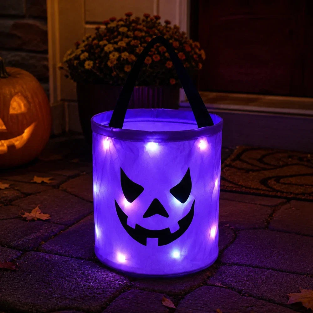 LED Halloween Pumpkin Bags Trick Treat | Collapsible for Candy Collection | Reusable Light up Containers | Party Goodie Holders with Jack O Lantern Face Design